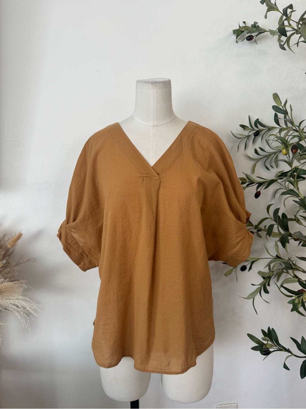 Earth Music & Ecology Mustard Brown Cotton V-Neck Oversized Tunic Top One Size